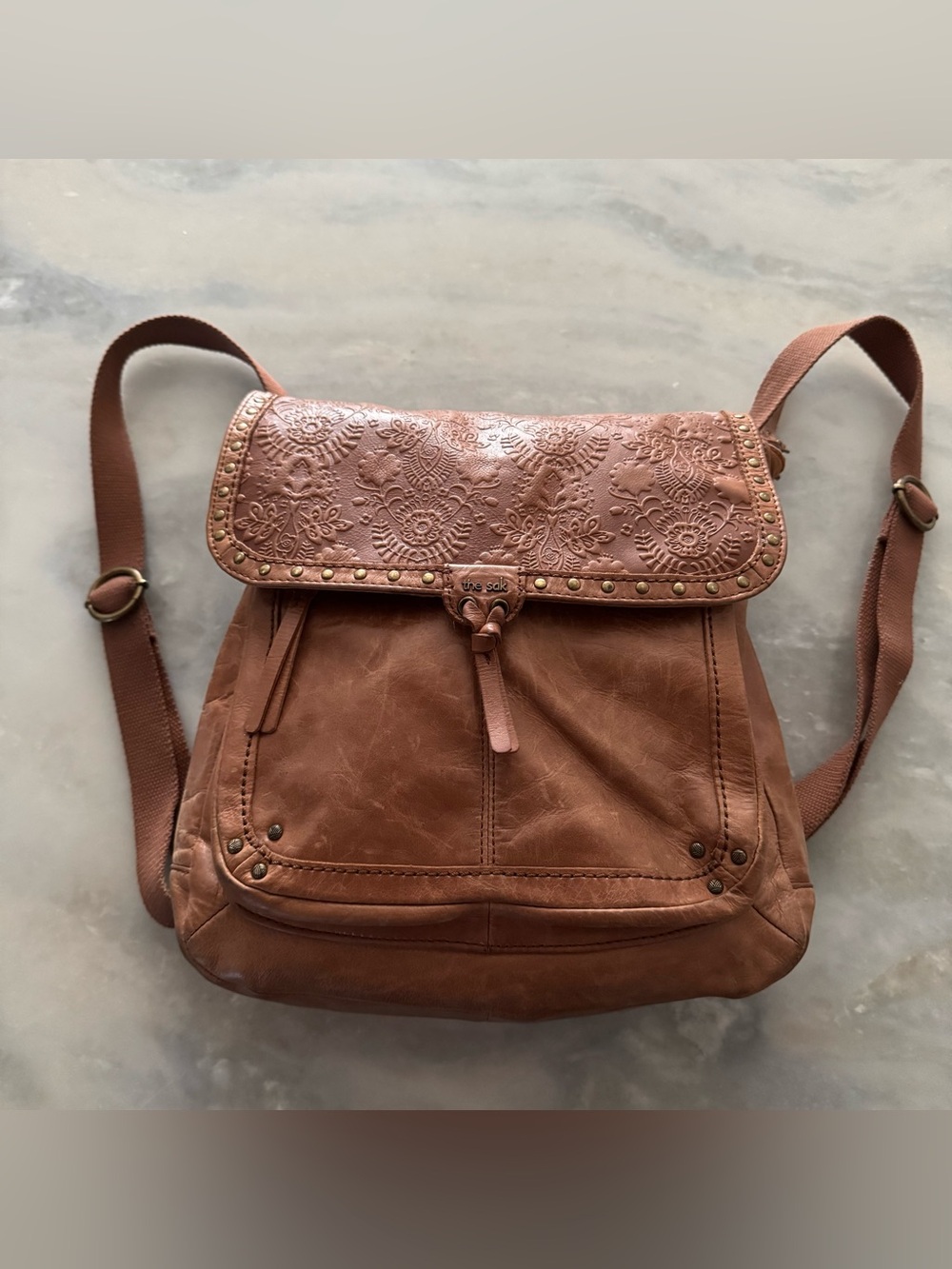 The Sak Ventura Convertible Backpack Embossed Tan Leather Floral Studded Boho